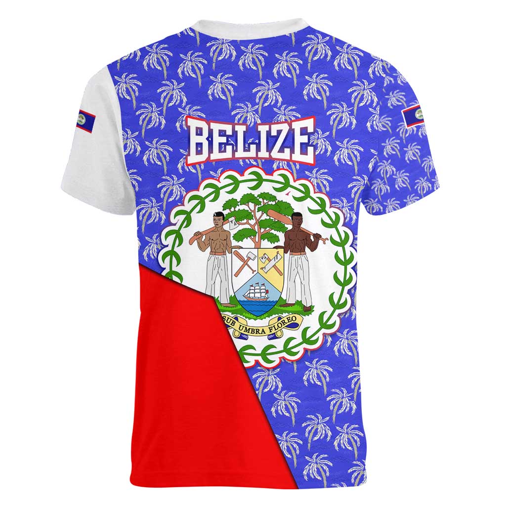 Belize Coat of Arms Women V-Neck T-Shirt with Palm Pattern and Split Red Blue Design