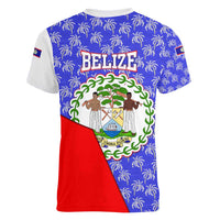Belize Coat of Arms Women V-Neck T-Shirt with Palm Pattern and Split Red Blue Design