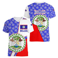Belize Coat of Arms Women V-Neck T-Shirt with Palm Pattern and Split Red Blue Design