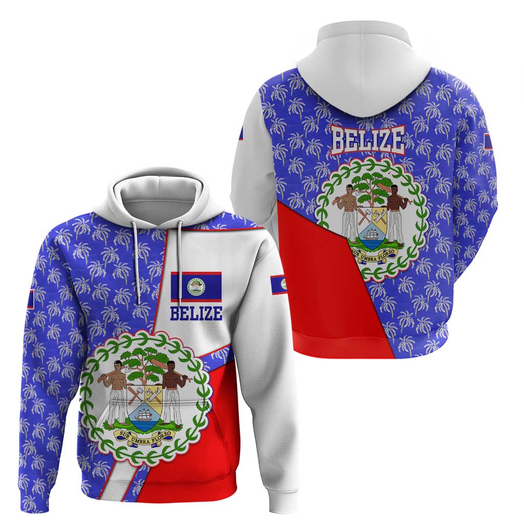 Belize Coat of Arms Zip Hoodie with Palm Pattern and Split Red Blue Design