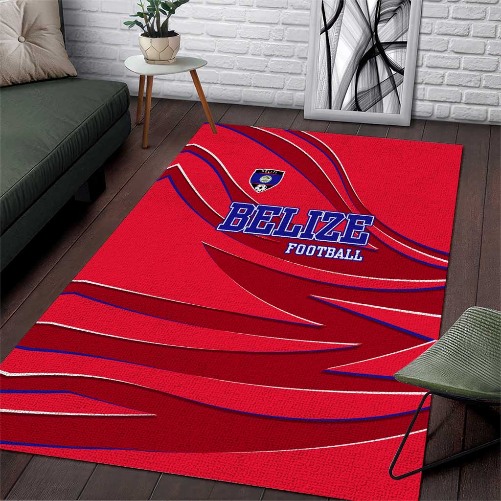 Belize Football Area Rug with Red Abstract Soccer Pattern and Shield Emblem