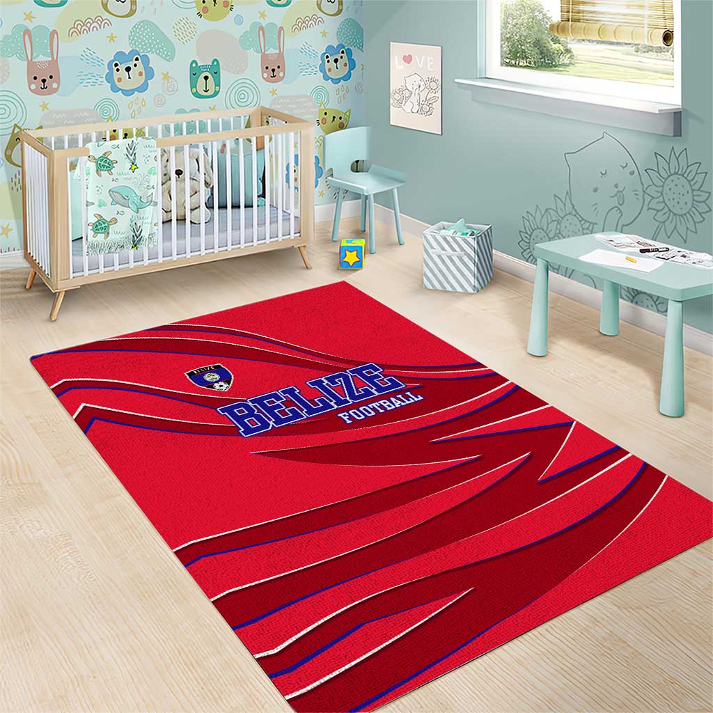 Belize Football Area Rug with Red Abstract Soccer Pattern and Shield Emblem