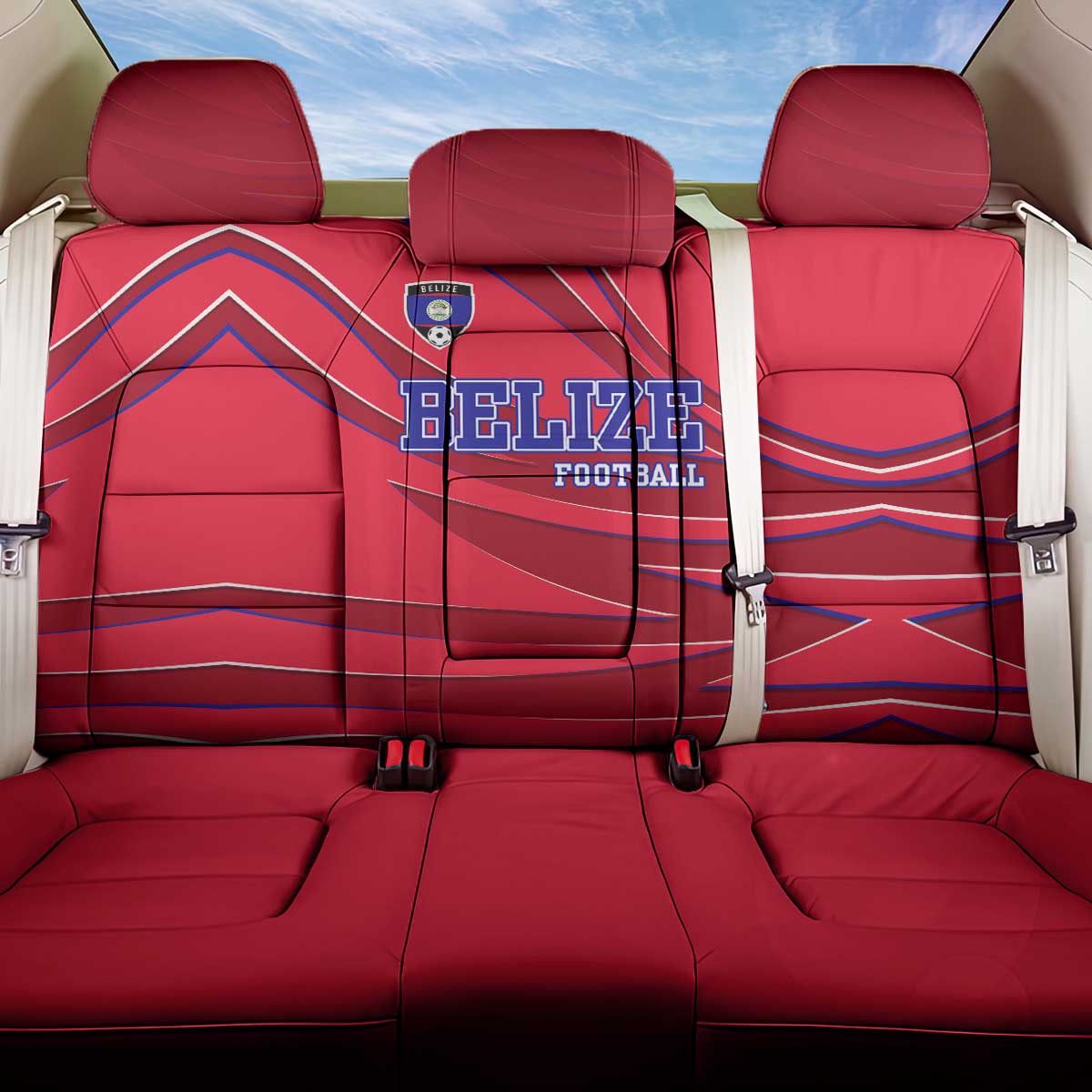 Belize Football Back Car Seat Cover with Red Abstract Soccer Pattern and Shield Emblem