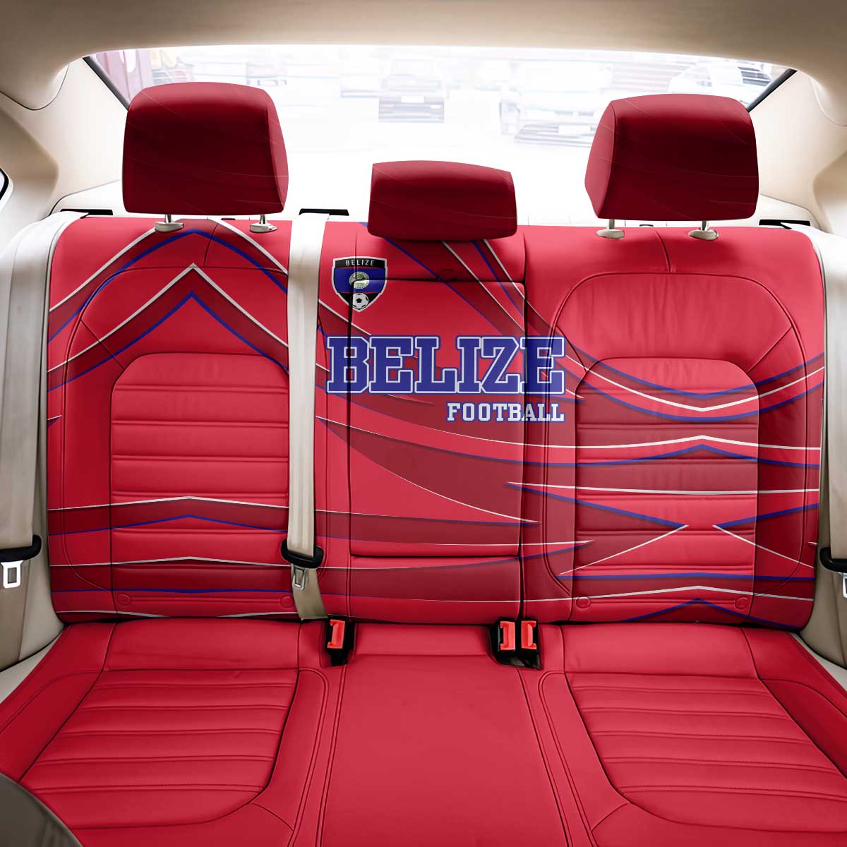 Belize Football Back Car Seat Cover with Red Abstract Soccer Pattern and Shield Emblem