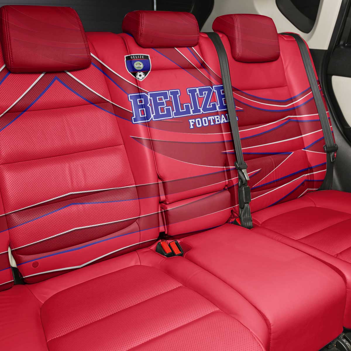 Belize Football Back Car Seat Cover with Red Abstract Soccer Pattern and Shield Emblem