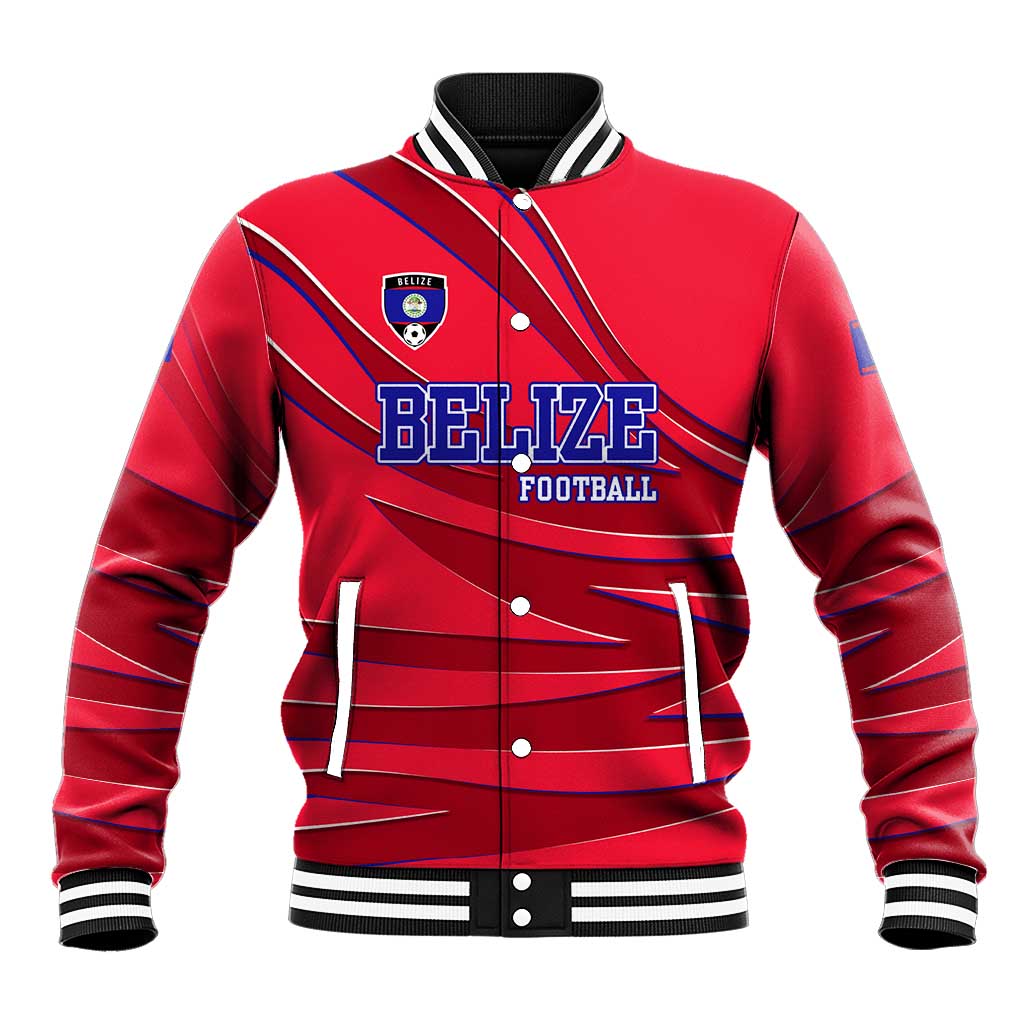 Belize Football Baseball Jacket with Red Abstract Soccer Pattern and Shield Emblem