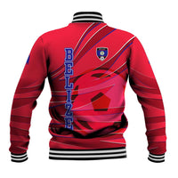 Belize Football Baseball Jacket with Red Abstract Soccer Pattern and Shield Emblem