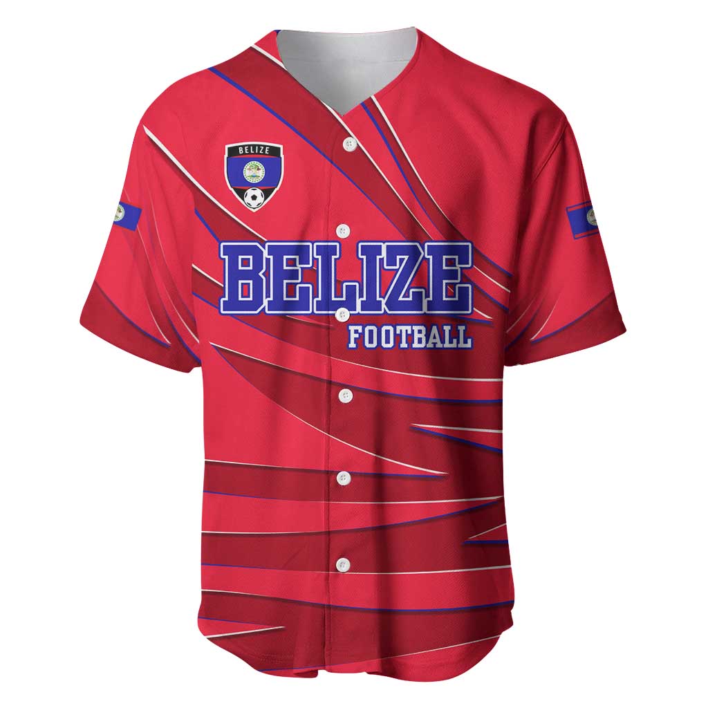 Belize Football Baseball Jersey with Red Abstract Soccer Pattern and Shield Emblem