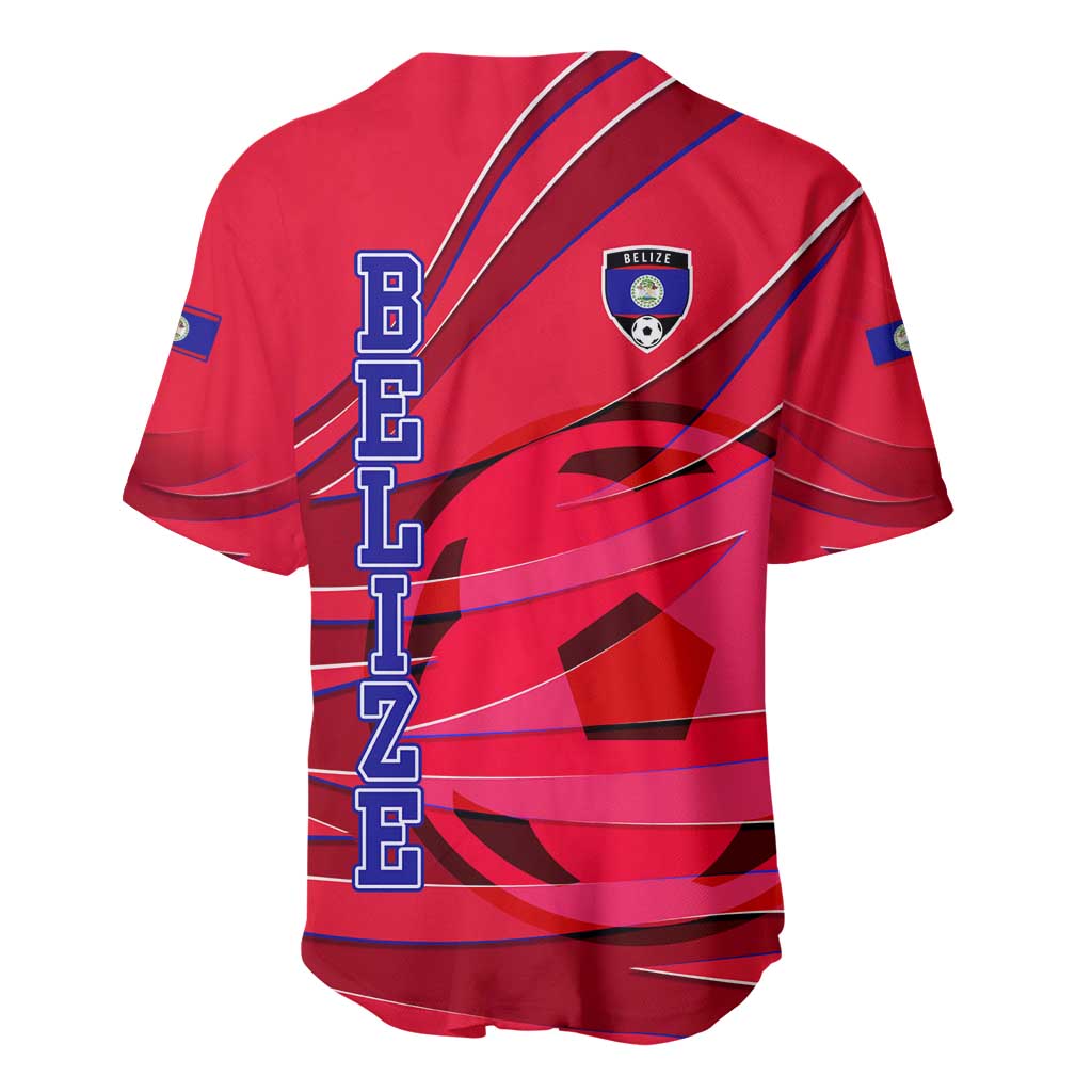 Belize Football Baseball Jersey with Red Abstract Soccer Pattern and Shield Emblem