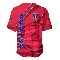 Belize Football Baseball Jersey with Red Abstract Soccer Pattern and Shield Emblem