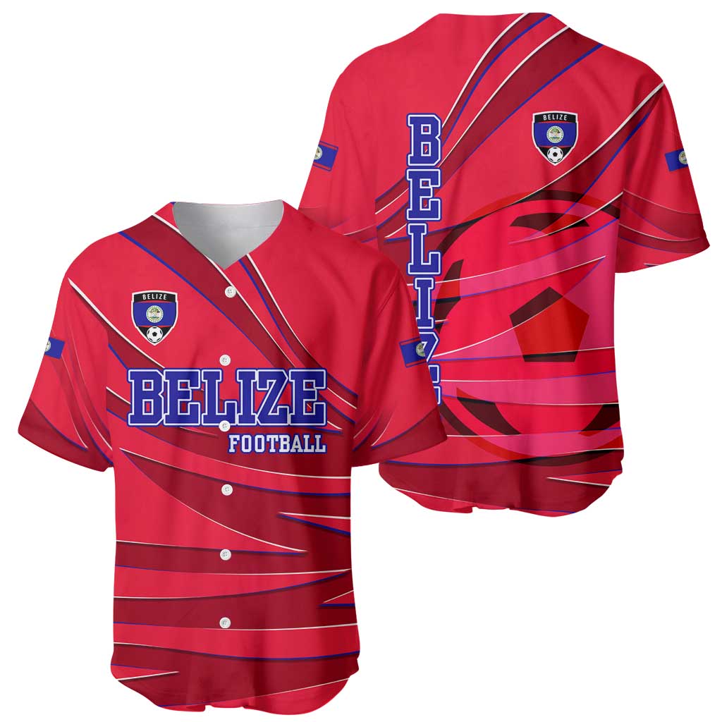 Belize Football Baseball Jersey with Red Abstract Soccer Pattern and Shield Emblem