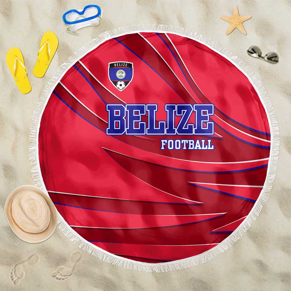 Belize Football Beach Blanket with Red Abstract Soccer Pattern and Shield Emblem