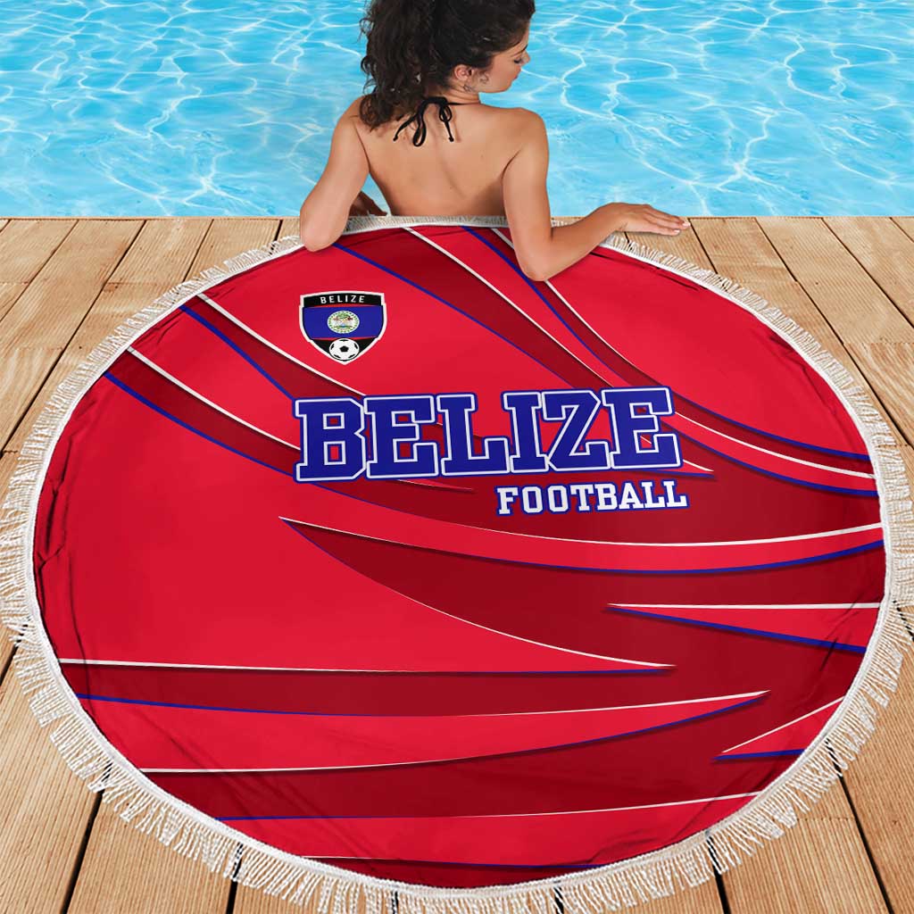 Belize Football Beach Blanket with Red Abstract Soccer Pattern and Shield Emblem