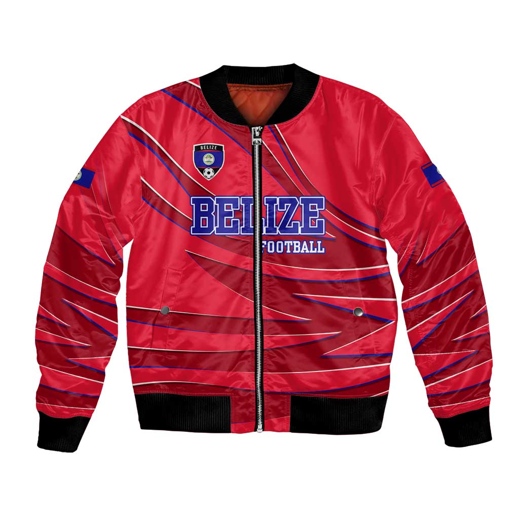 Belize Football Bomber Jacket with Red Abstract Soccer Pattern and Shield Emblem