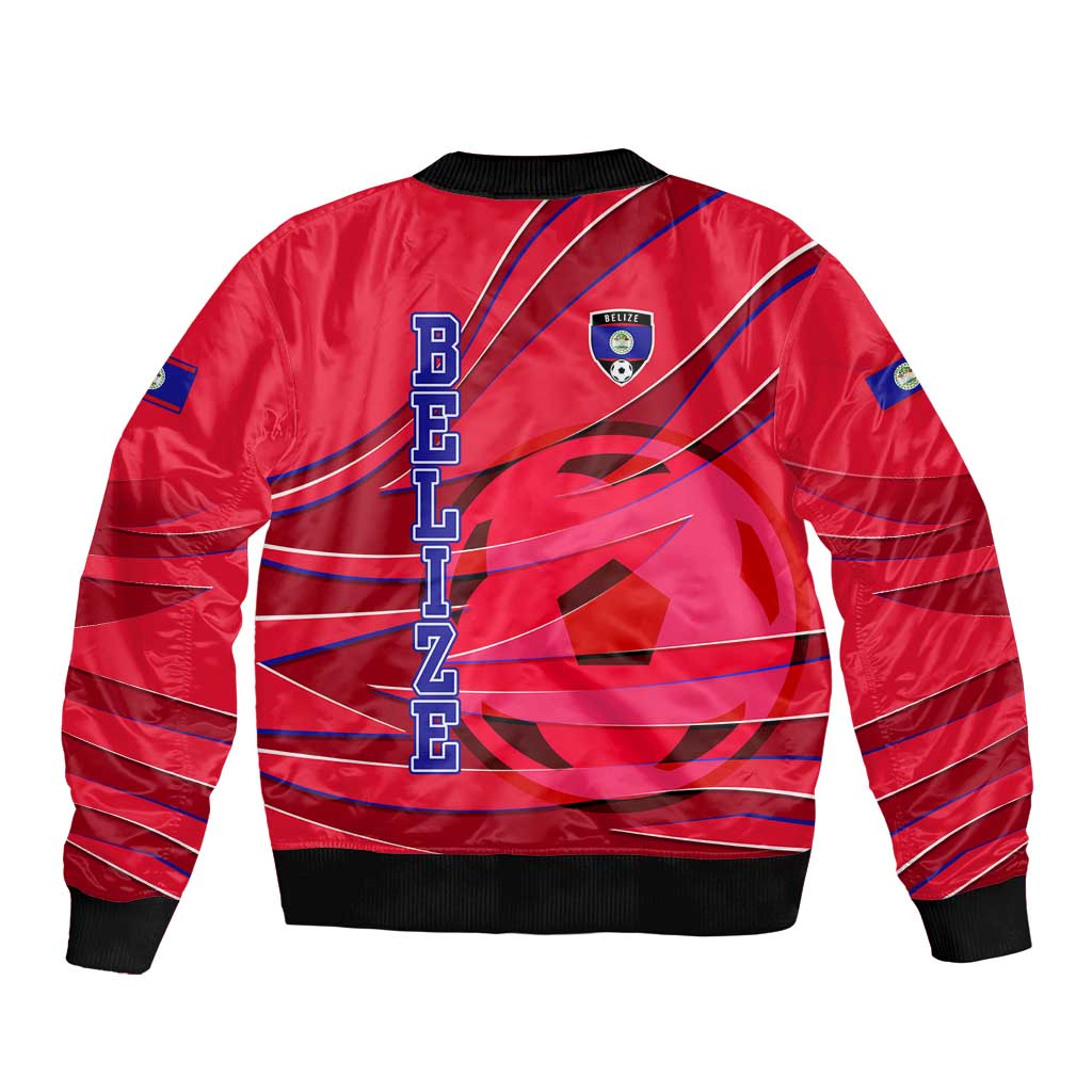 Belize Football Bomber Jacket with Red Abstract Soccer Pattern and Shield Emblem