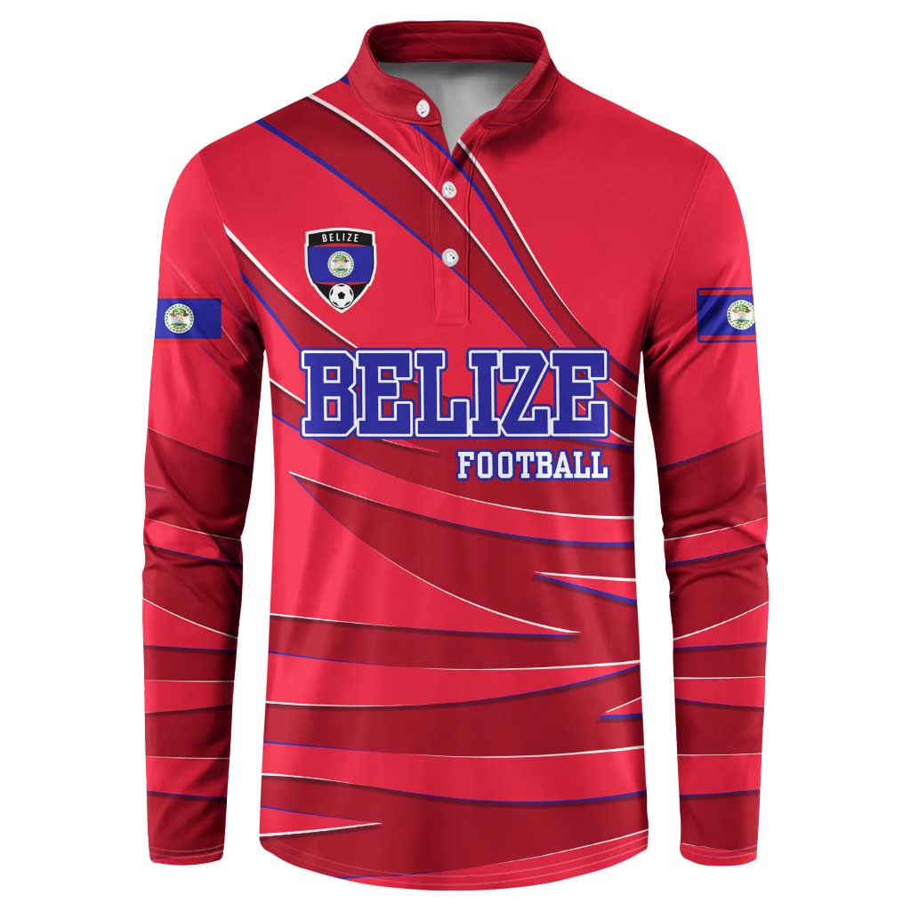 Belize Football Button Sweatshirt with Red Abstract Soccer Pattern and Shield Emblem