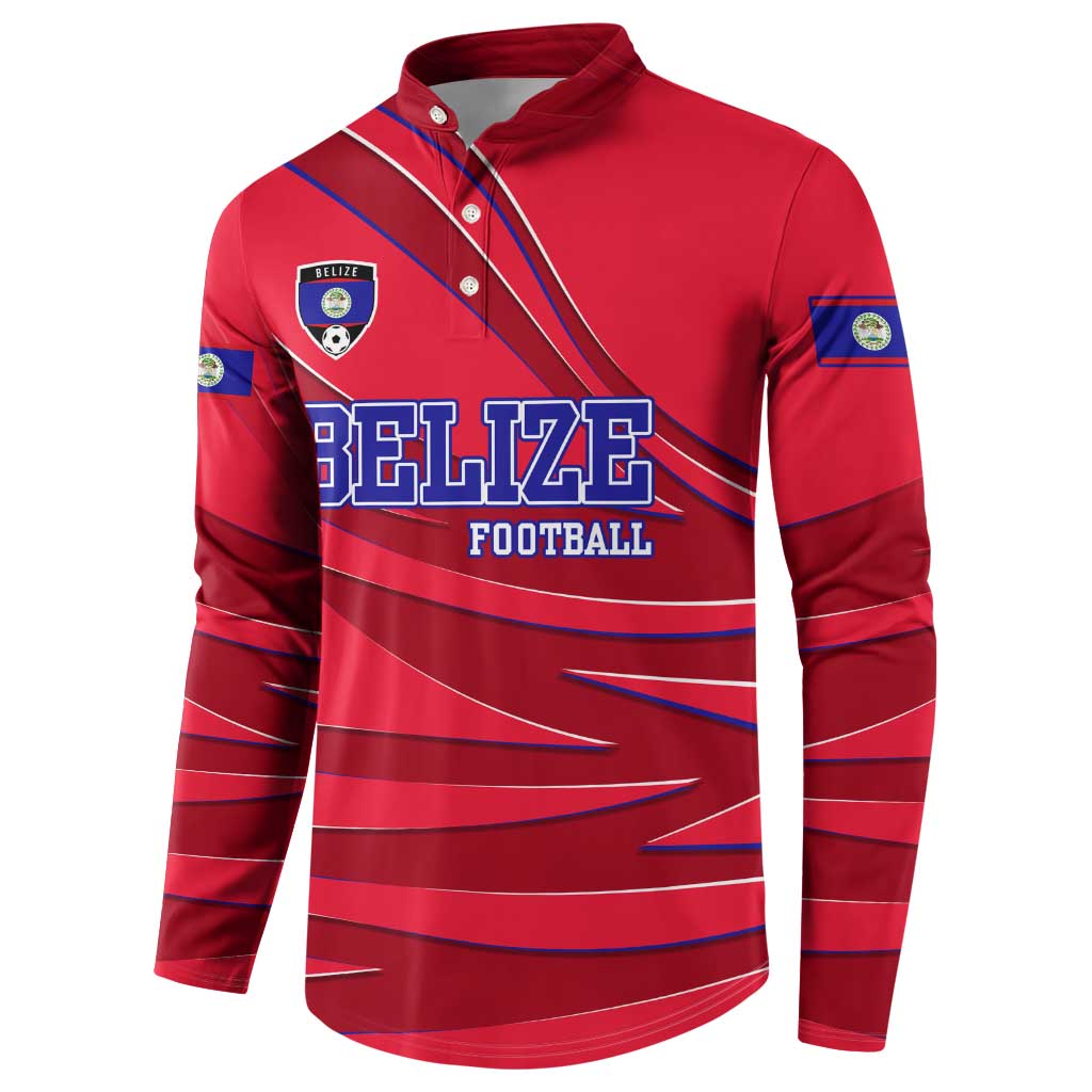 Belize Football Button Sweatshirt with Red Abstract Soccer Pattern and Shield Emblem