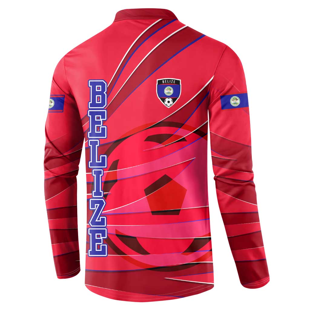 Belize Football Button Sweatshirt with Red Abstract Soccer Pattern and Shield Emblem
