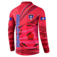 Belize Football Button Sweatshirt with Red Abstract Soccer Pattern and Shield Emblem