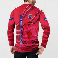 Belize Football Button Sweatshirt with Red Abstract Soccer Pattern and Shield Emblem