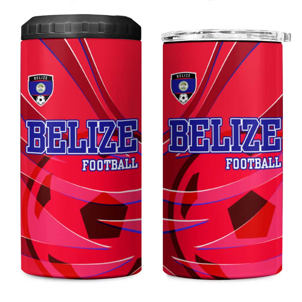 Belize Football 4 in 1 Can Cooler Tumbler with Red Abstract Soccer Pattern and Shield Emblem