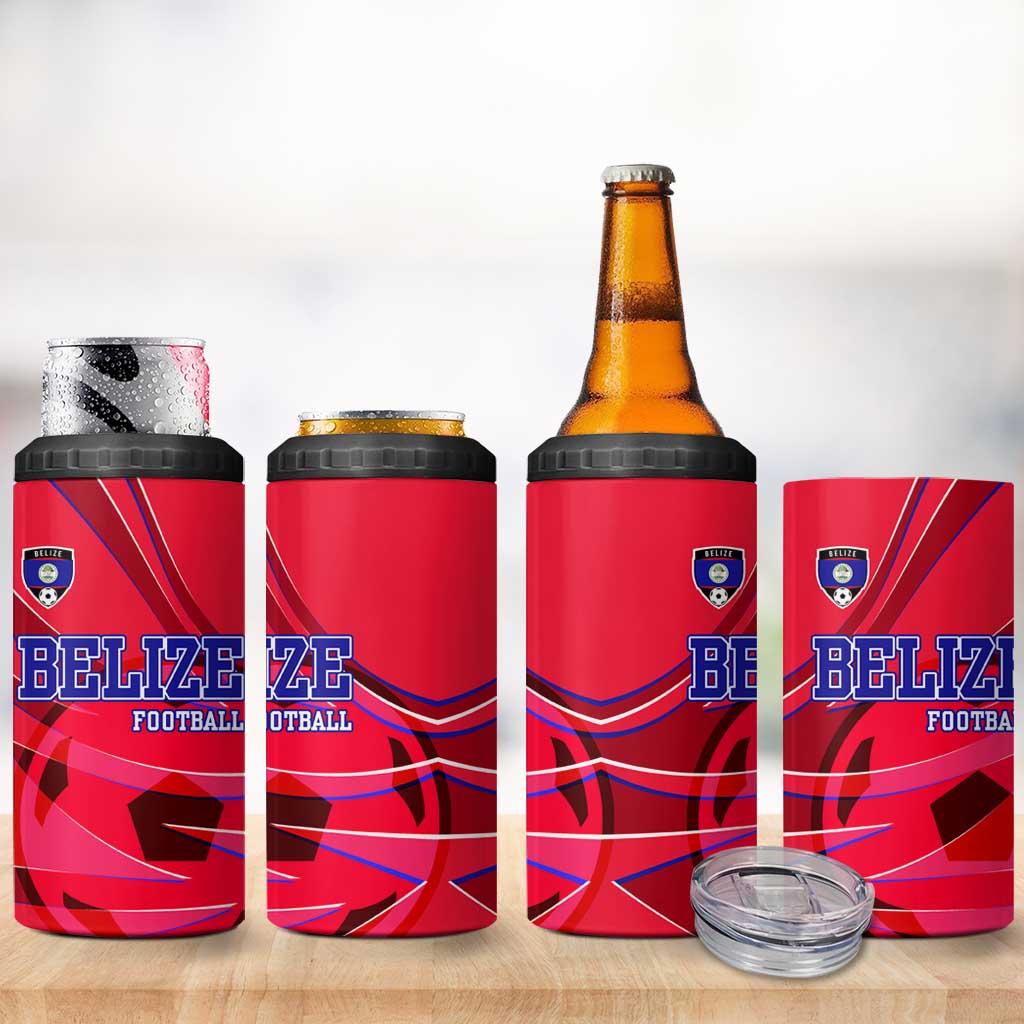 Belize Football 4 in 1 Can Cooler Tumbler with Red Abstract Soccer Pattern and Shield Emblem