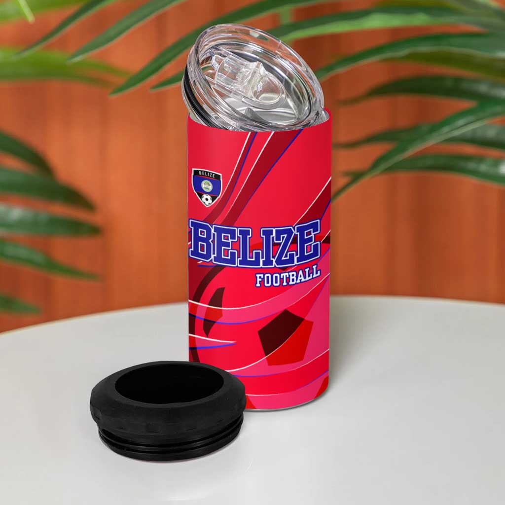 Belize Football 4 in 1 Can Cooler Tumbler with Red Abstract Soccer Pattern and Shield Emblem