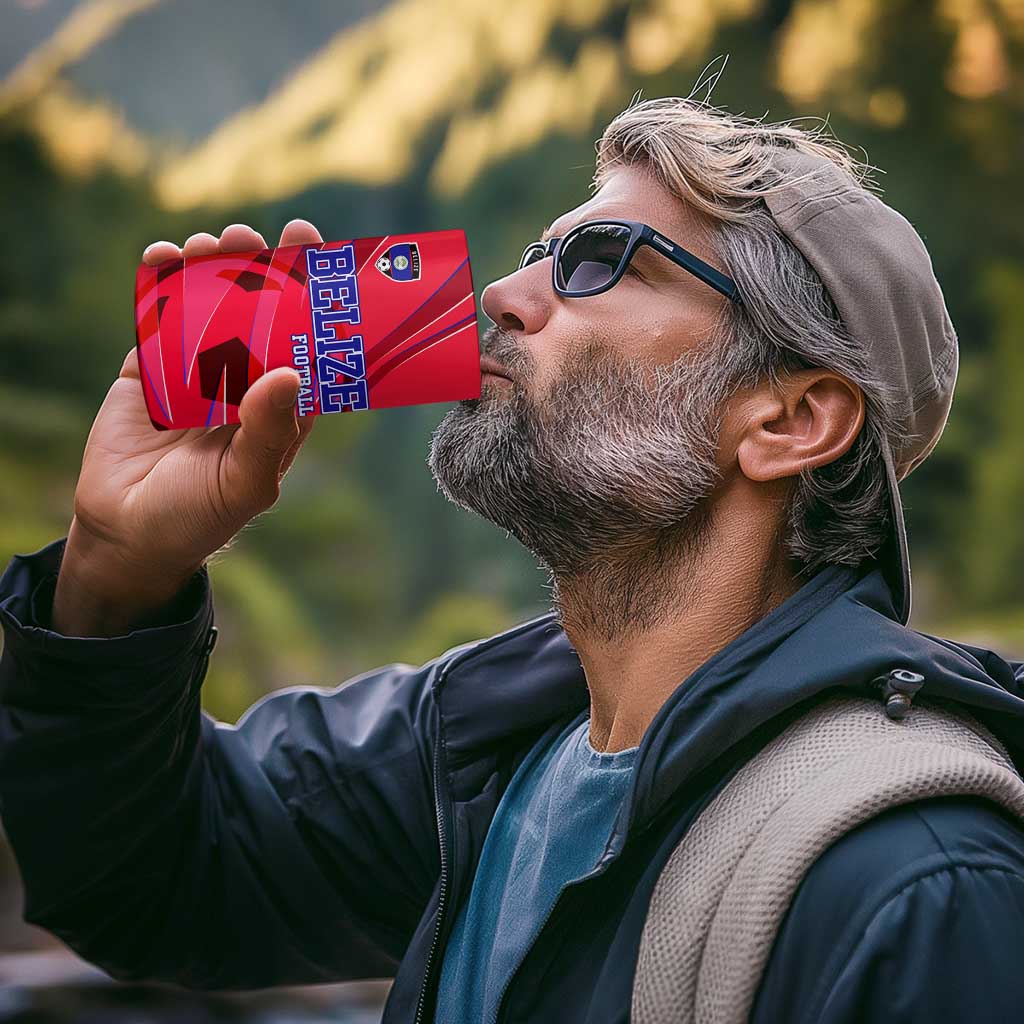 Belize Football 4 in 1 Can Cooler Tumbler with Red Abstract Soccer Pattern and Shield Emblem