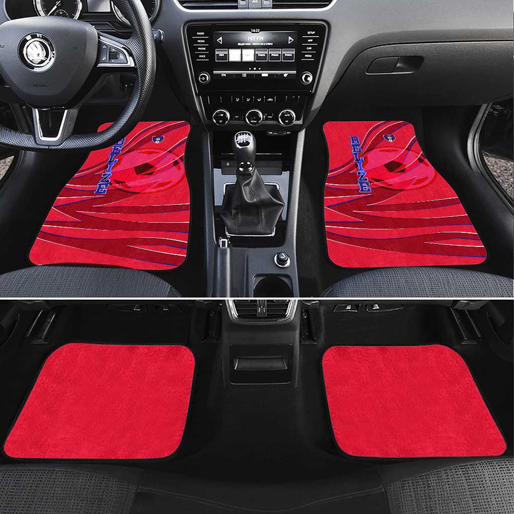 Belize Football Car Mats with Red Abstract Soccer Pattern and Shield Emblem