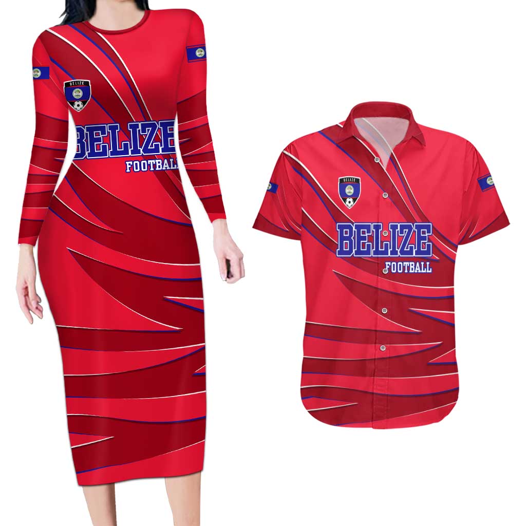 Belize Football Couples Matching Long Sleeve Bodycon Dress and Hawaiian Shirt with Red Abstract Soccer Pattern and Shield Emblem