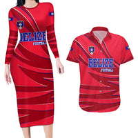 Belize Football Couples Matching Long Sleeve Bodycon Dress and Hawaiian Shirt with Red Abstract Soccer Pattern and Shield Emblem
