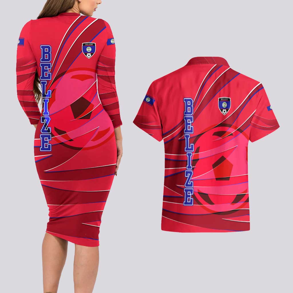 Belize Football Couples Matching Long Sleeve Bodycon Dress and Hawaiian Shirt with Red Abstract Soccer Pattern and Shield Emblem
