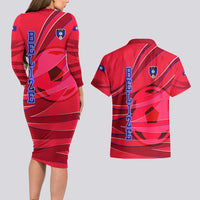 Belize Football Couples Matching Long Sleeve Bodycon Dress and Hawaiian Shirt with Red Abstract Soccer Pattern and Shield Emblem