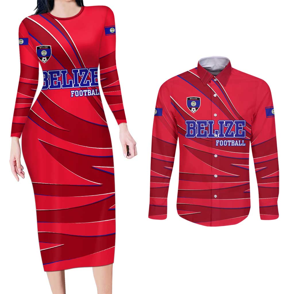 Belize Football Couples Matching Long Sleeve Bodycon Dress and Long Sleeve Button Shirt with Red Abstract Soccer Pattern and Shield Emblem