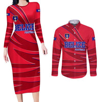 Belize Football Couples Matching Long Sleeve Bodycon Dress and Long Sleeve Button Shirt with Red Abstract Soccer Pattern and Shield Emblem