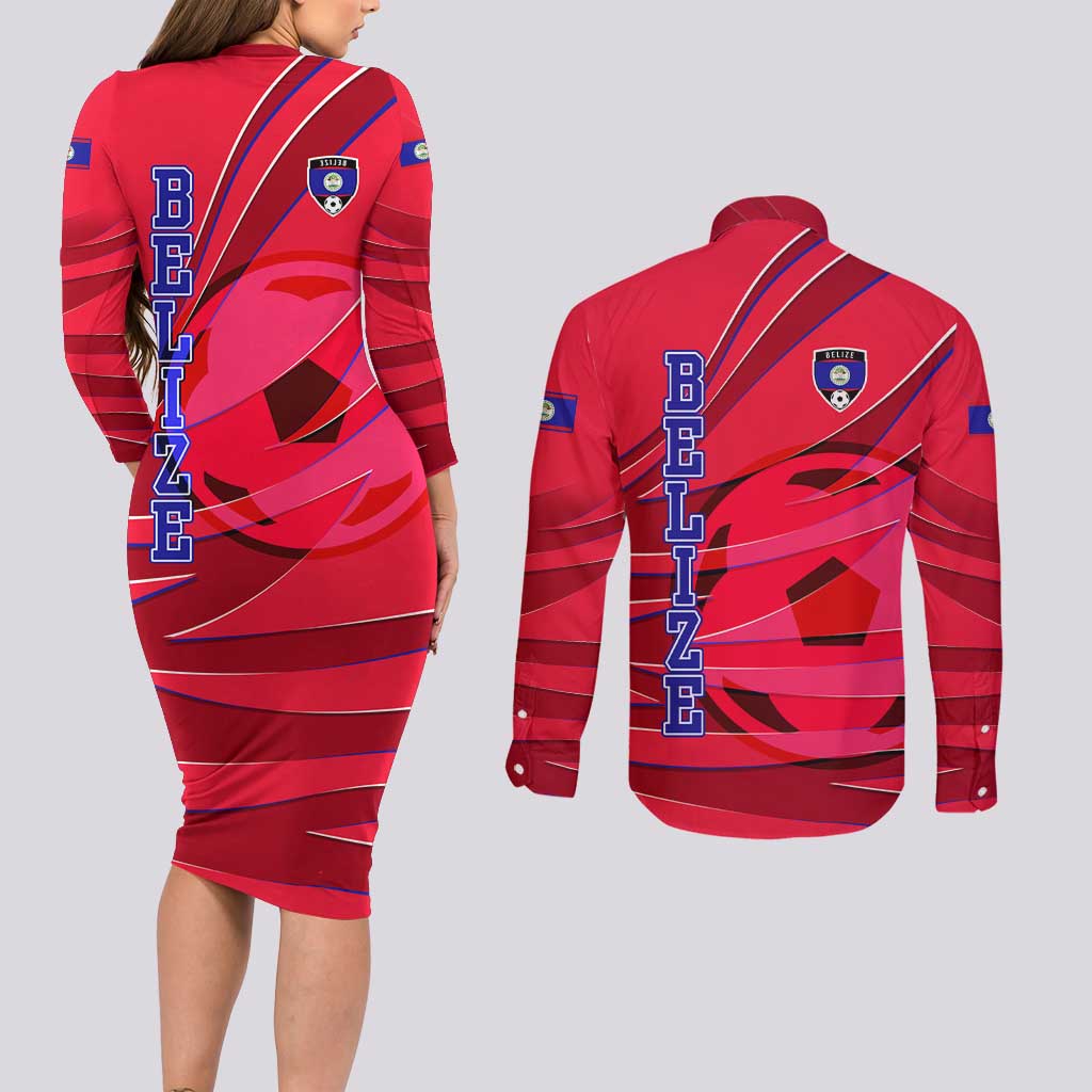 Belize Football Couples Matching Long Sleeve Bodycon Dress and Long Sleeve Button Shirt with Red Abstract Soccer Pattern and Shield Emblem