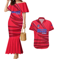 Belize Football Couples Matching Mermaid Dress and Hawaiian Shirt with Red Abstract Soccer Pattern and Shield Emblem