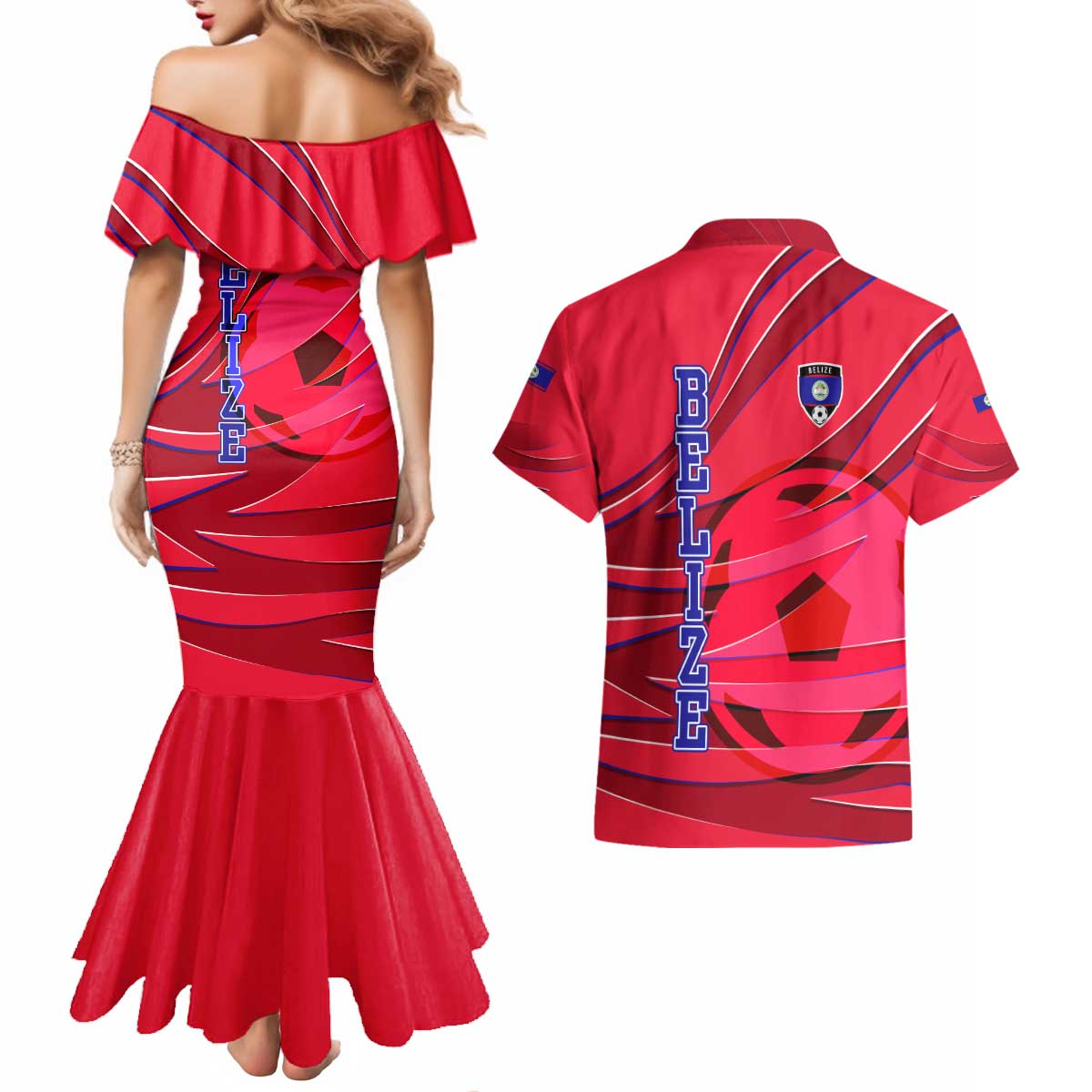 Belize Football Couples Matching Mermaid Dress and Hawaiian Shirt with Red Abstract Soccer Pattern and Shield Emblem