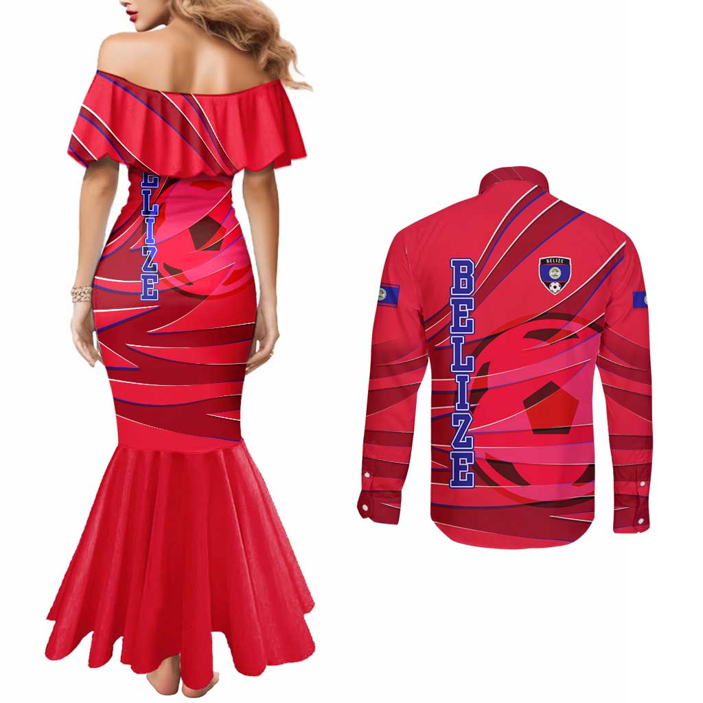 Belize Football Couples Matching Mermaid Dress and Long Sleeve Button Shirt with Red Abstract Soccer Pattern and Shield Emblem
