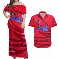 Belize Football Couples Matching Off Shoulder Maxi Dress and Hawaiian Shirt with Red Abstract Soccer Pattern and Shield Emblem