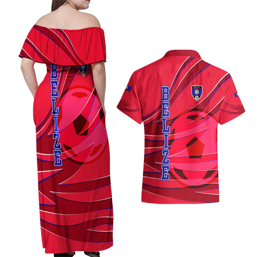Belize Football Couples Matching Off Shoulder Maxi Dress and Hawaiian Shirt with Red Abstract Soccer Pattern and Shield Emblem