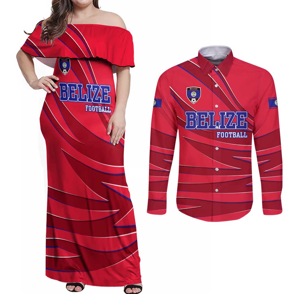 Belize Football Couples Matching Off Shoulder Maxi Dress and Long Sleeve Button Shirt with Red Abstract Soccer Pattern and Shield Emblem