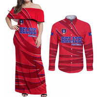 Belize Football Couples Matching Off Shoulder Maxi Dress and Long Sleeve Button Shirt with Red Abstract Soccer Pattern and Shield Emblem