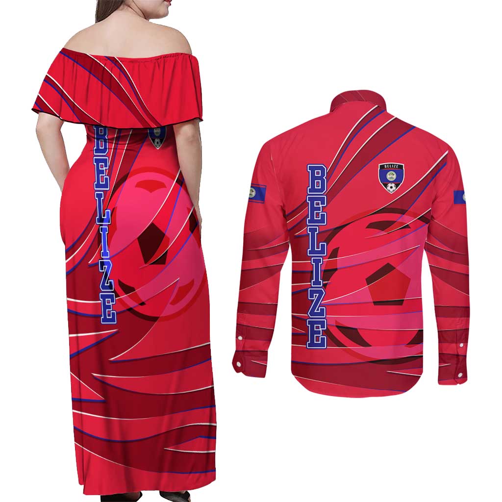 Belize Football Couples Matching Off Shoulder Maxi Dress and Long Sleeve Button Shirt with Red Abstract Soccer Pattern and Shield Emblem