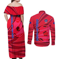 Belize Football Couples Matching Off Shoulder Maxi Dress and Long Sleeve Button Shirt with Red Abstract Soccer Pattern and Shield Emblem