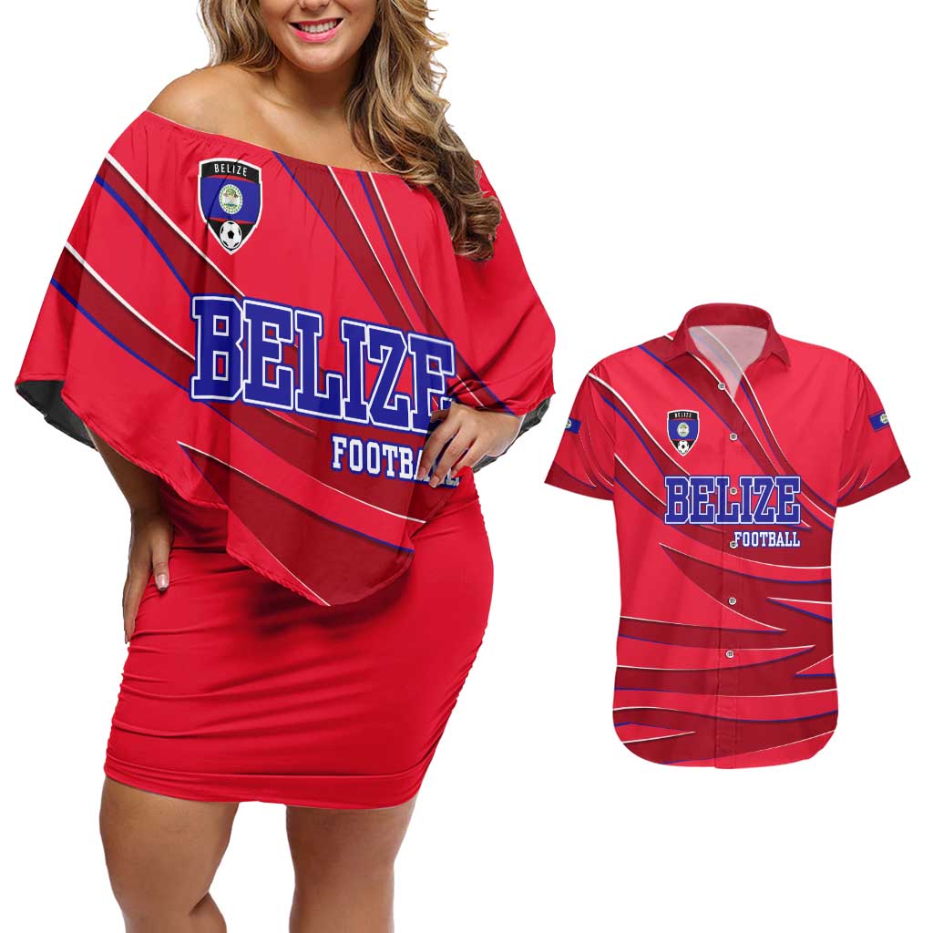 Belize Football Couples Matching Off Shoulder Short Dress and Hawaiian Shirt with Red Abstract Soccer Pattern and Shield Emblem