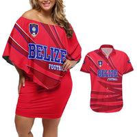 Belize Football Couples Matching Off Shoulder Short Dress and Hawaiian Shirt with Red Abstract Soccer Pattern and Shield Emblem
