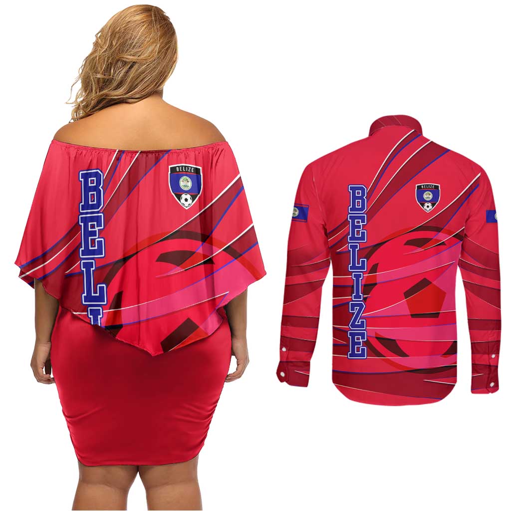 Belize Football Couples Matching Off Shoulder Short Dress and Long Sleeve Button Shirt with Red Abstract Soccer Pattern and Shield Emblem