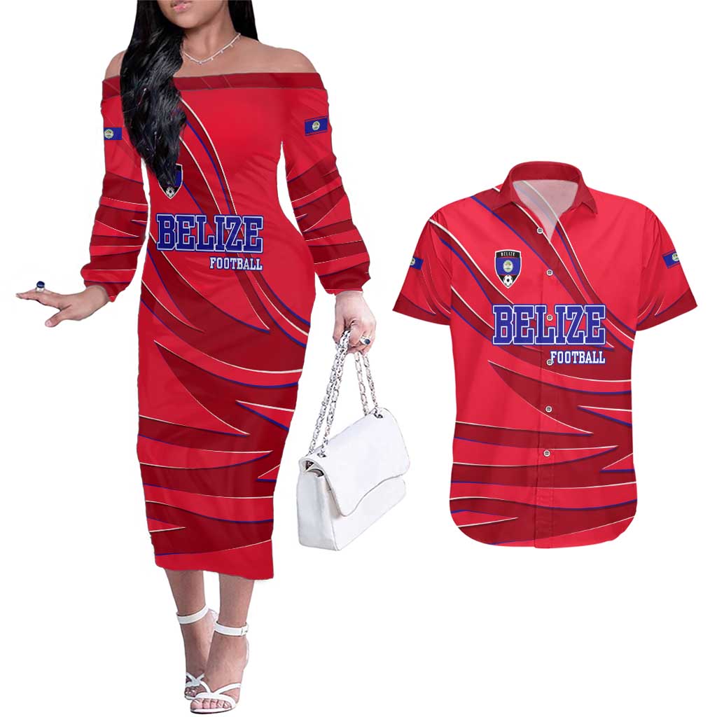 Belize Football Couples Matching Off The Shoulder Long Sleeve Dress and Hawaiian Shirt with Red Abstract Soccer Pattern and Shield Emblem