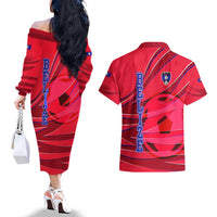 Belize Football Couples Matching Off The Shoulder Long Sleeve Dress and Hawaiian Shirt with Red Abstract Soccer Pattern and Shield Emblem